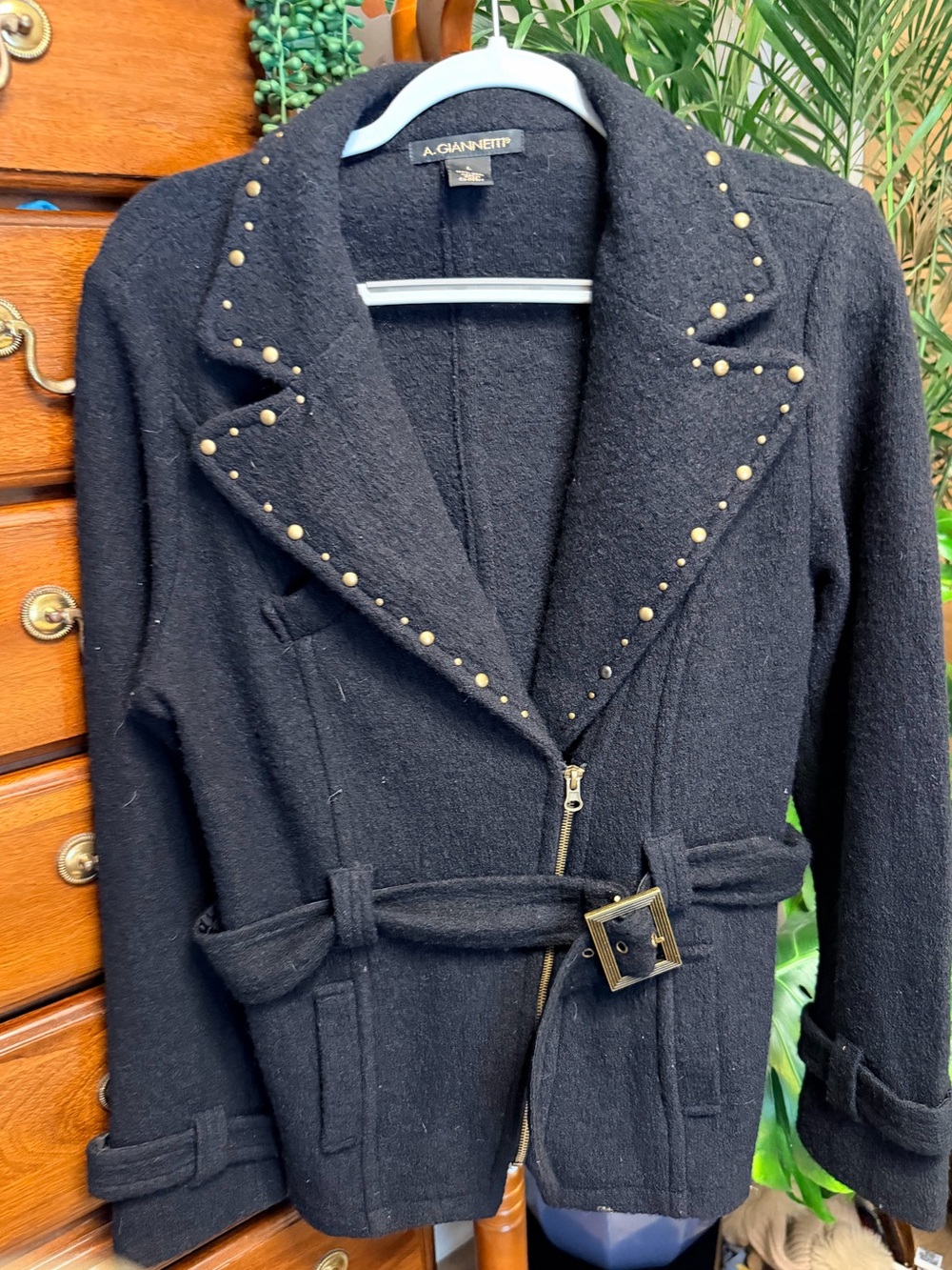 A. Giannetti Black Wool-Blend Studded Belted Jacket